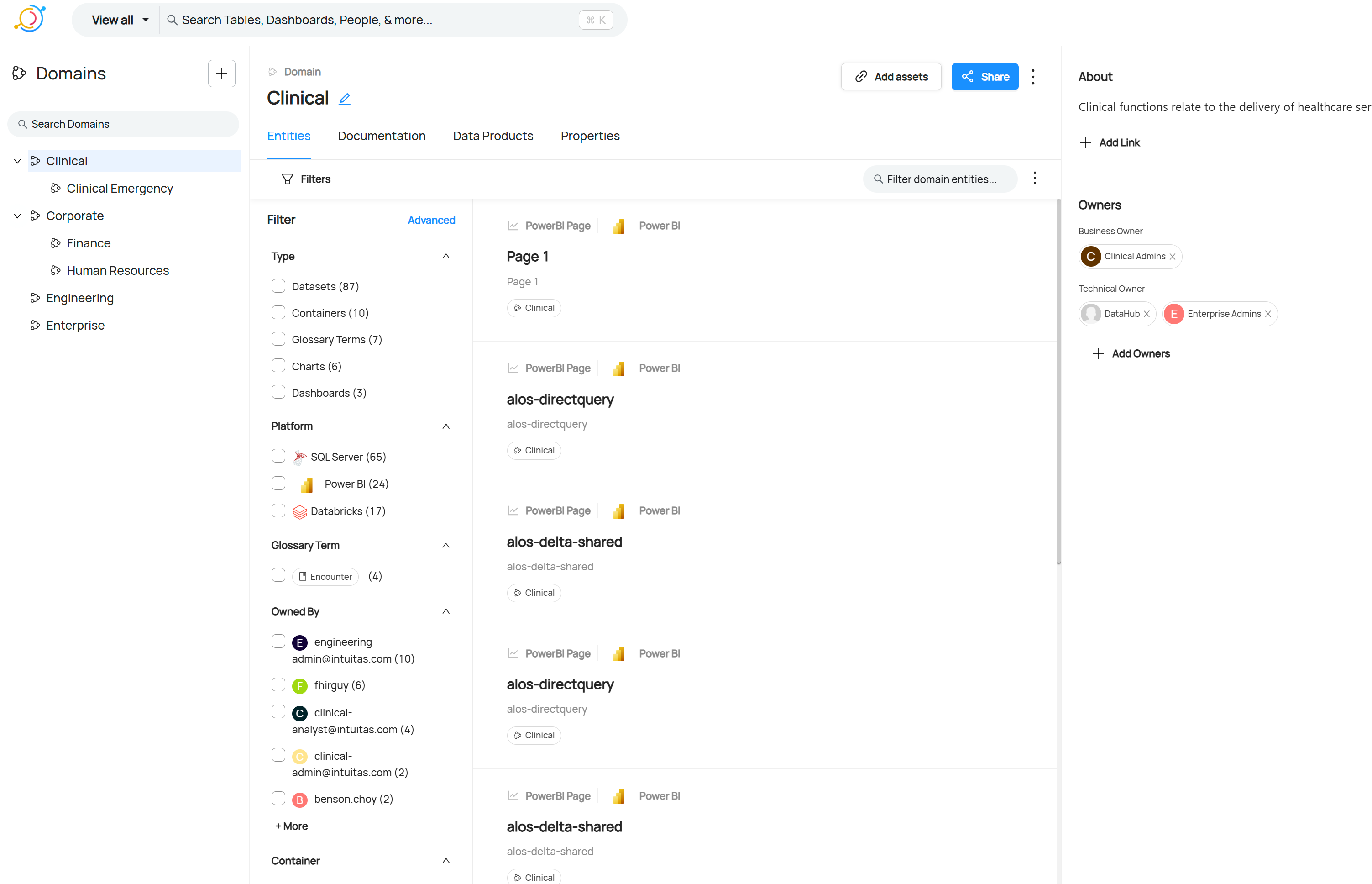 Browse by business domain and filters